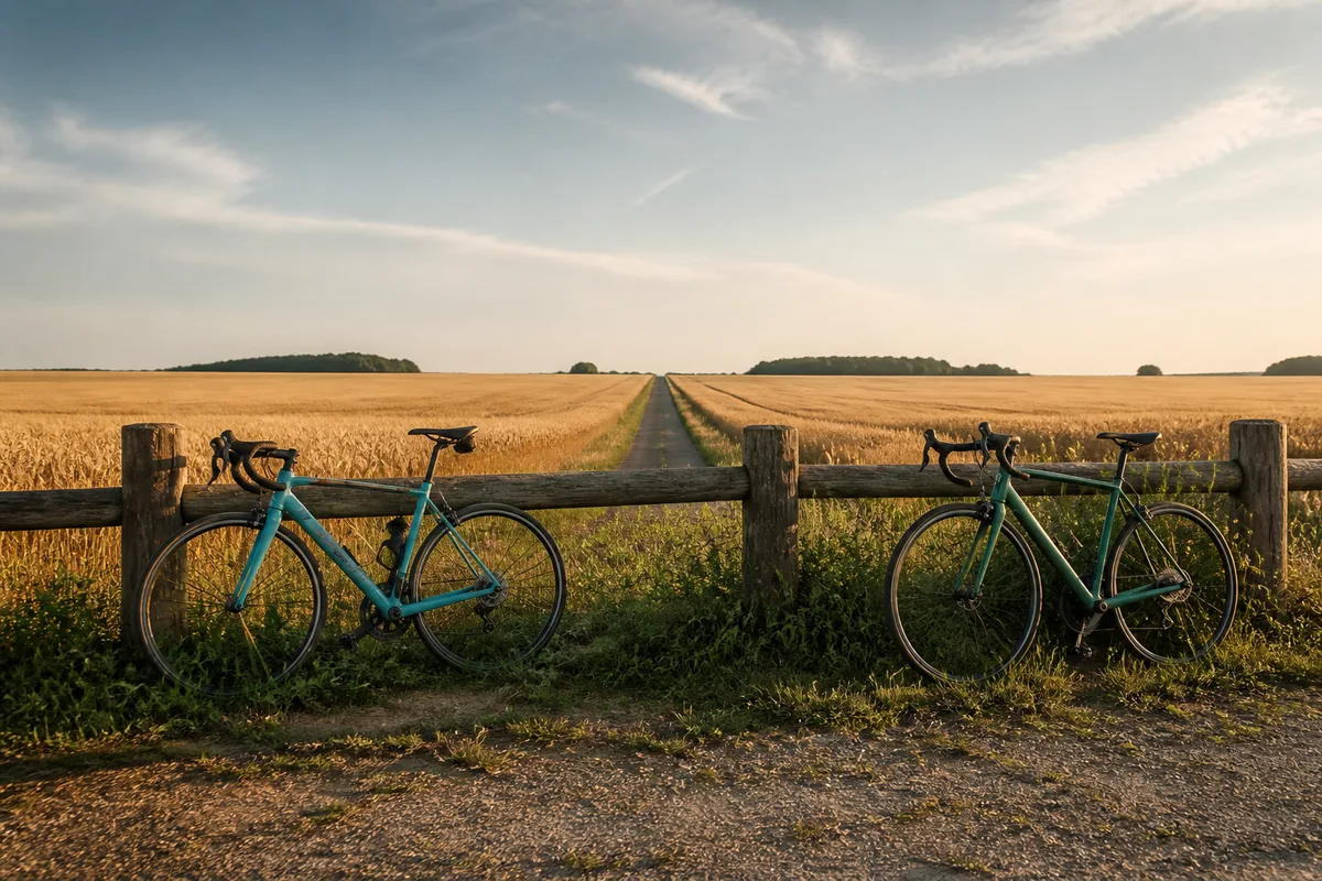 Vélo de route posé contre une barrière au bord d’un champ de blé en fin de journée