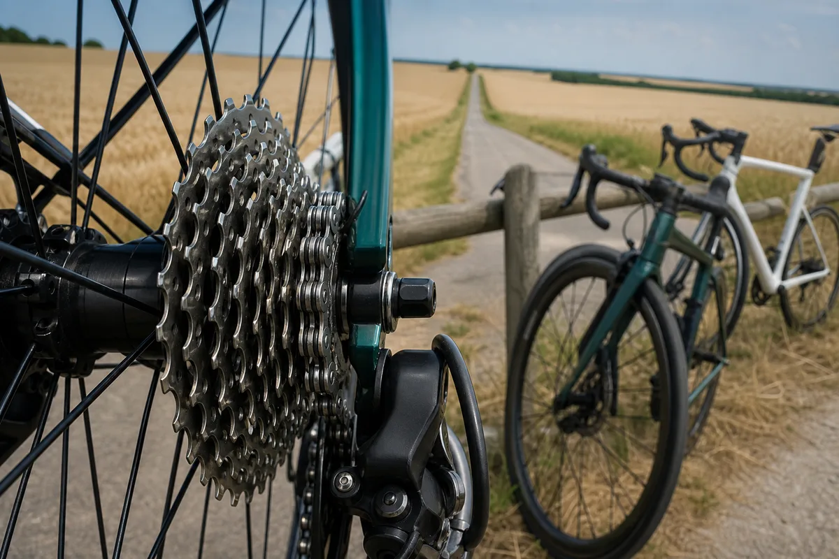 Cassette de vélo de route en gros plan, pignons alignés sur le moyeu arrière
