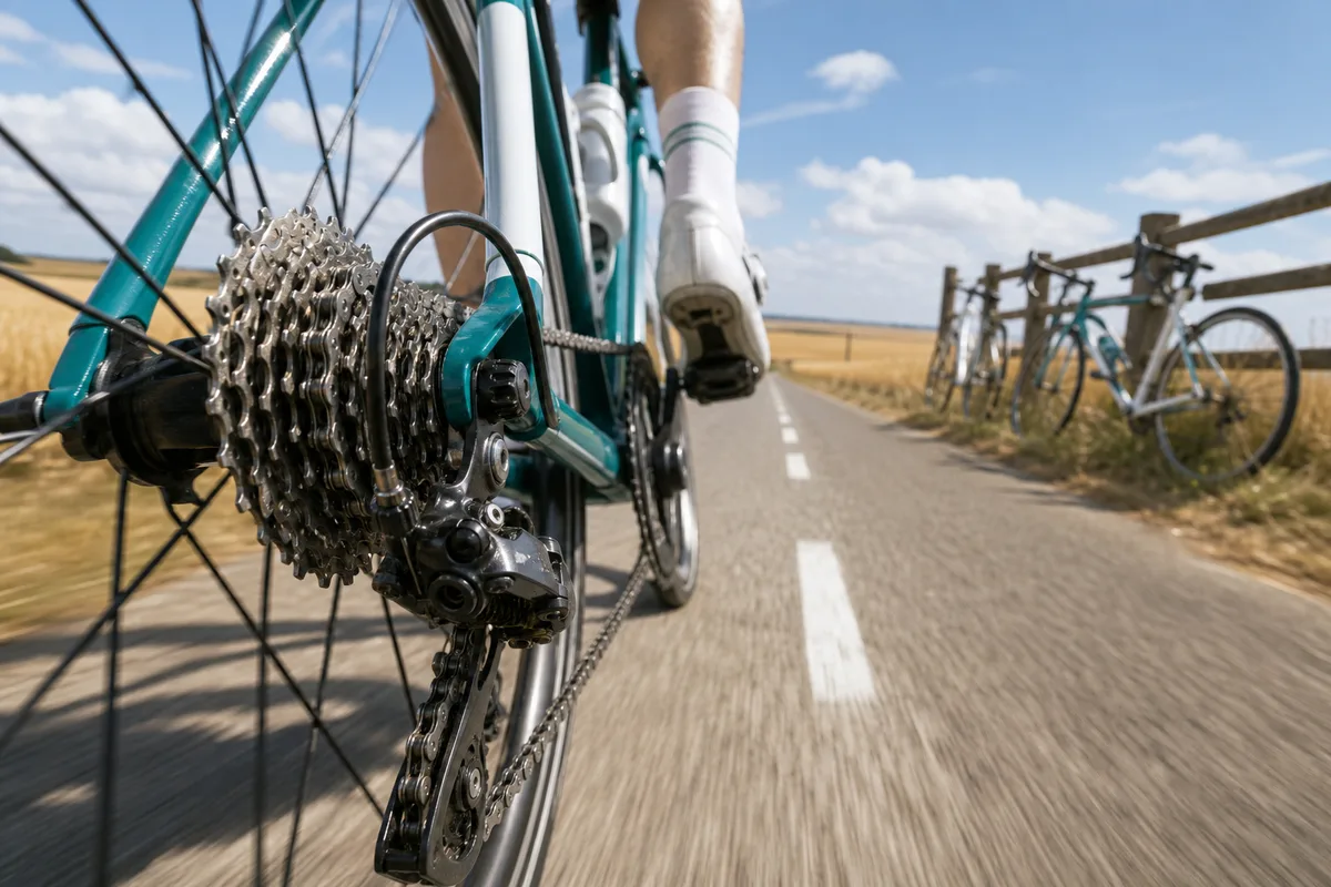 Dérailleur arrière de vélo de route en action, chaîne tendue sur les pignons
