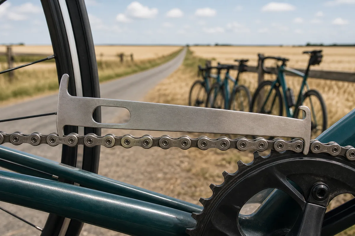 Jauge d’usure posée sur la chaîne d’un vélo de route pour contrôle
