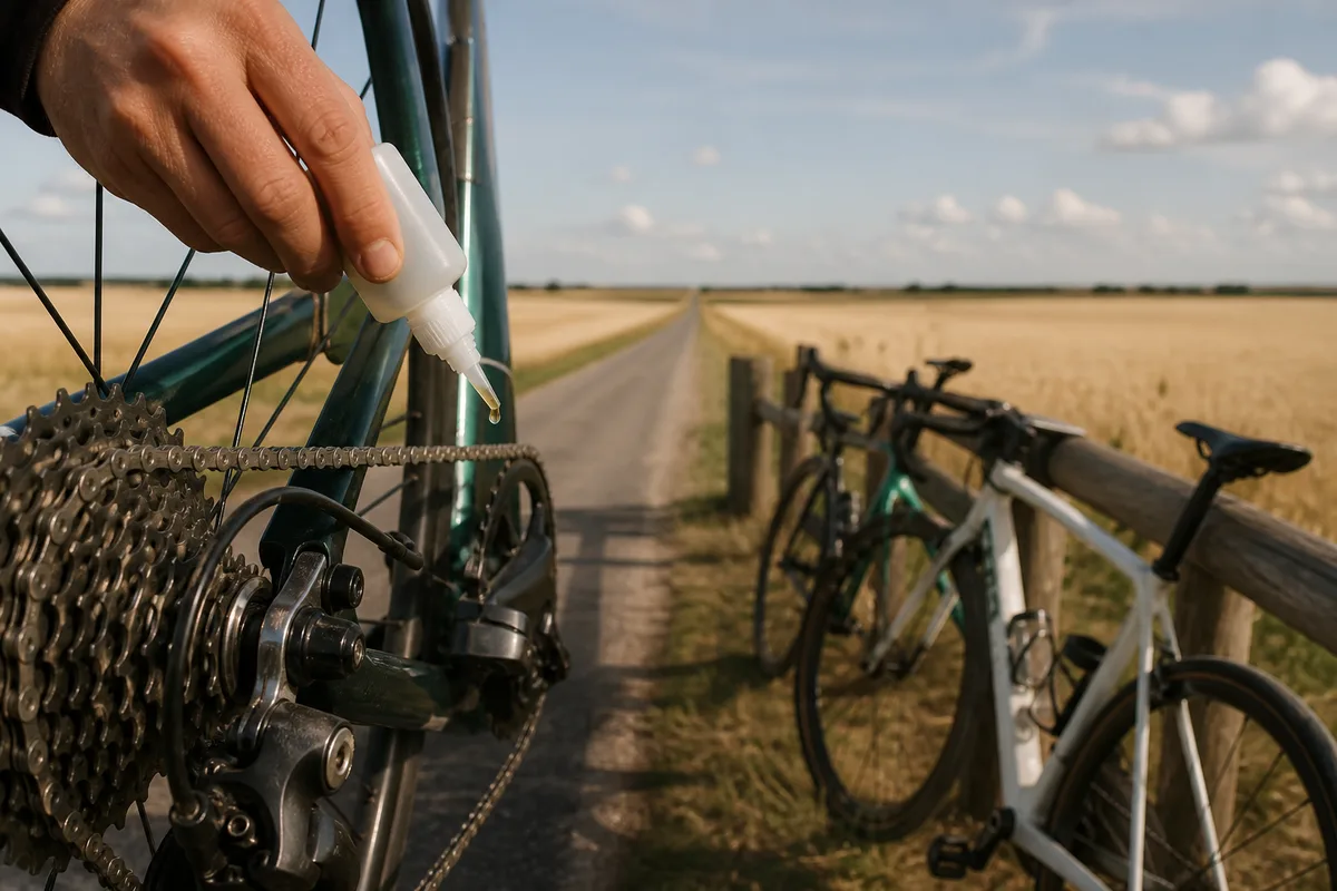 Application d’un lubrifiant goutte à goutte sur la chaîne d’un vélo