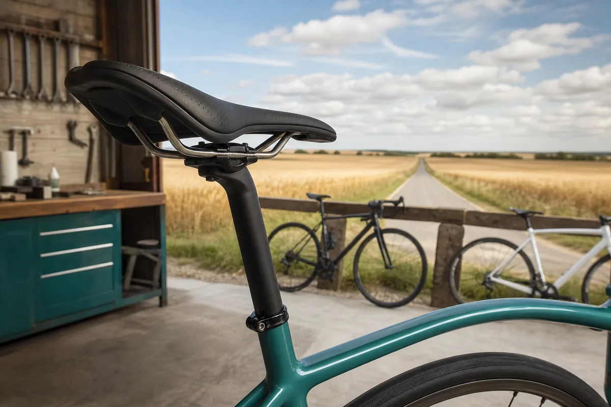 Détail d’une selle de vélo de route réglée sur sa tige, atelier en arrière-plan