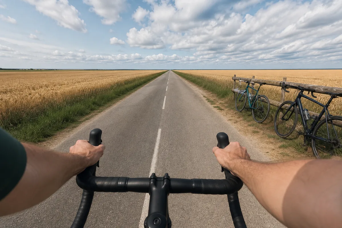 Cintre et potence d’un vélo de route vus de dessus, mains sur les cocottes