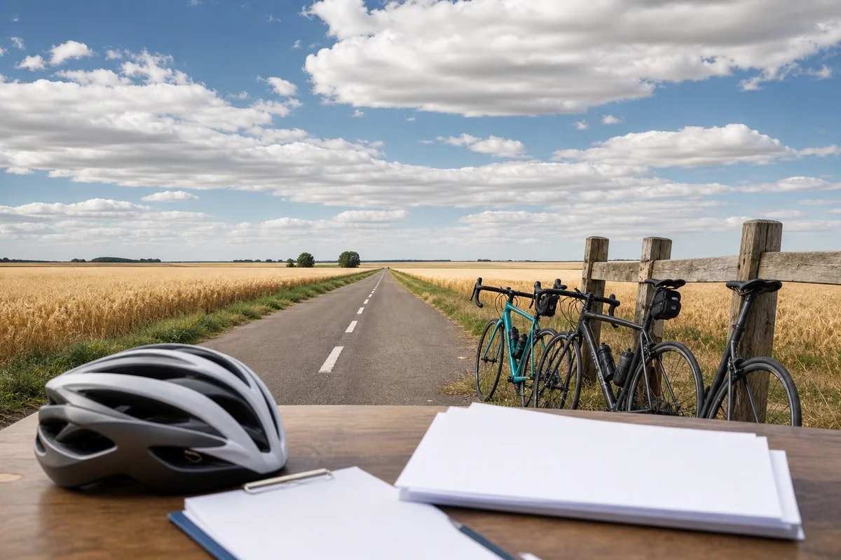 Documents administratifs et casque de vélo posés sur une table de bureau