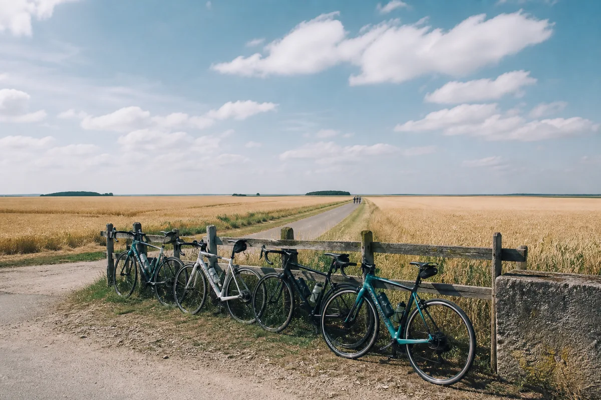 Vélos de route alignés contre un mur avant une sortie collective