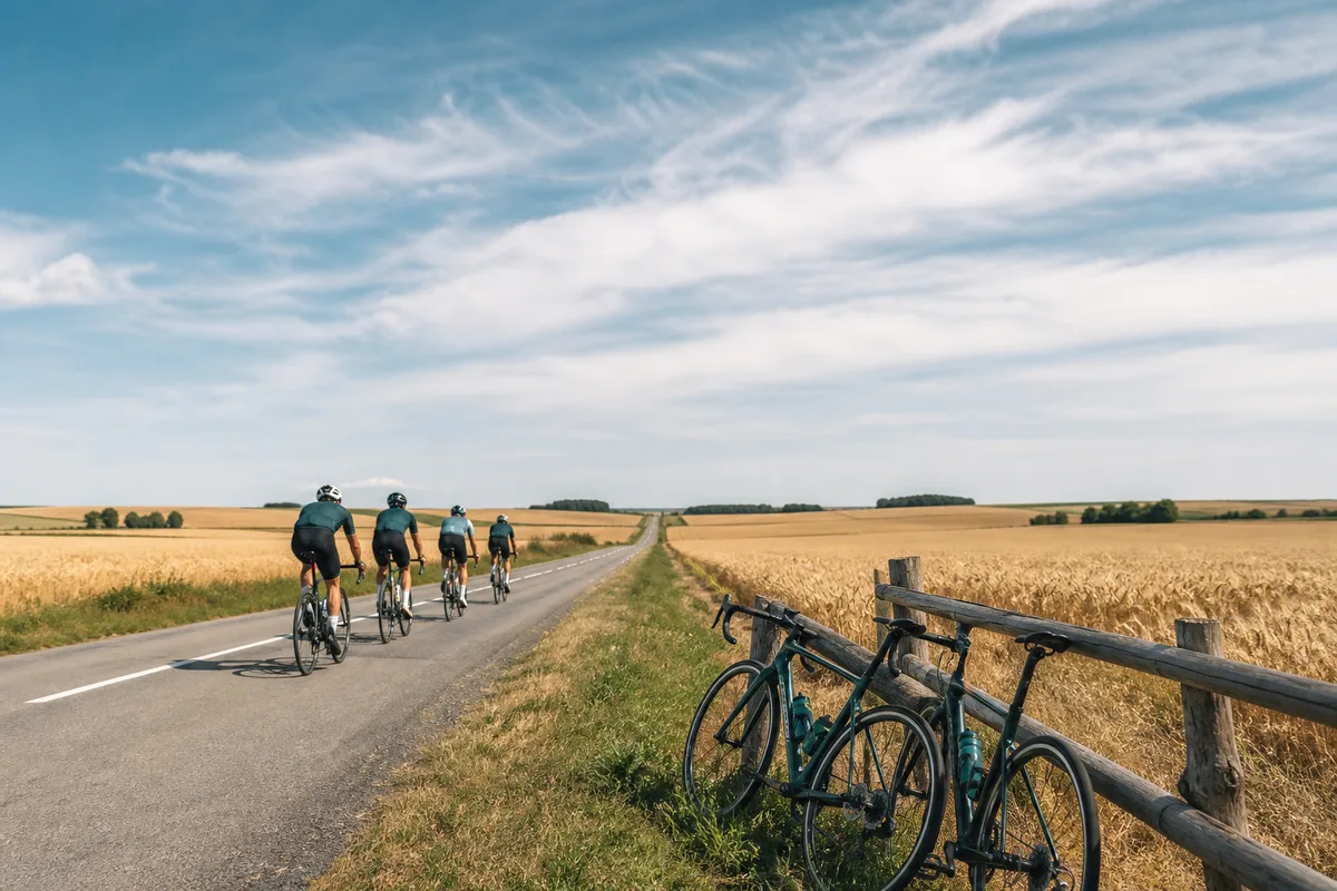Groupe de cyclistes roulant en file indienne sur une route de campagne