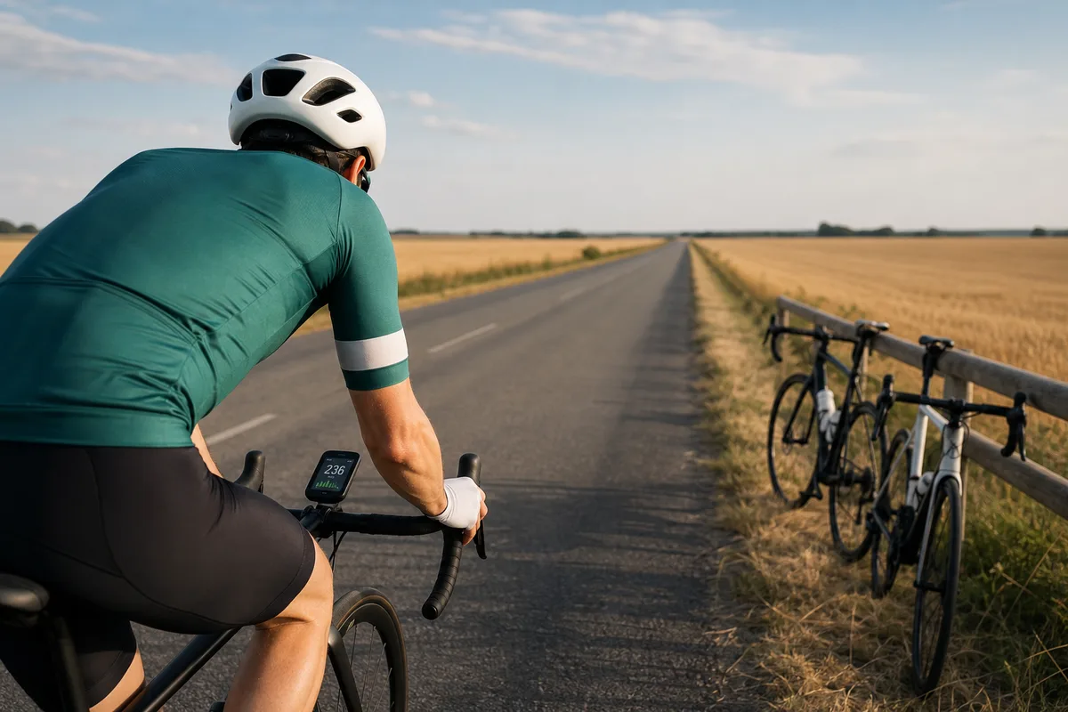 Cycliste concentré sur un effort régulier, compteur affichant sa puissance